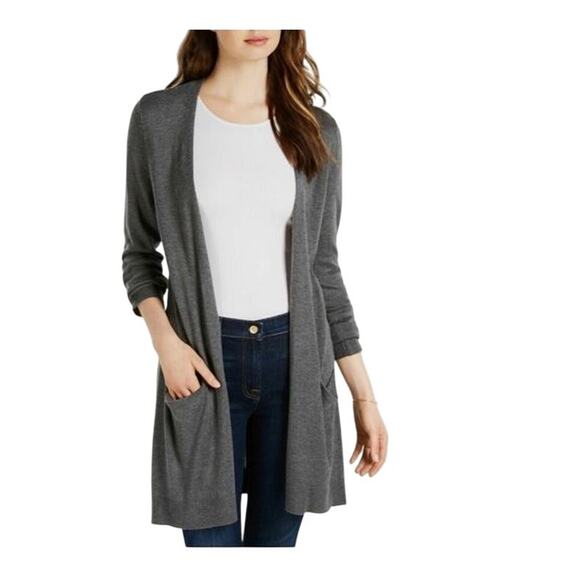 Maison Jules Women's M Linen-Feel Long Gray Knit Open Cardigan Pockets - Picture 1 of 8